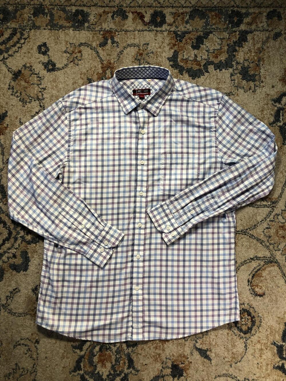 Johnston & Murphy Shirt Mens L Blue Purple Check Long Sleeve Button Up Casual